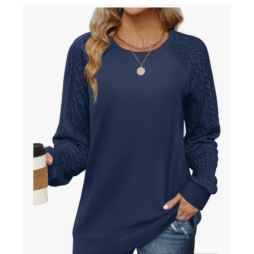 Flybony Womens Cable Knit Raglan Sleeve Pullover Sweatshirt Dark Blue Small NEW